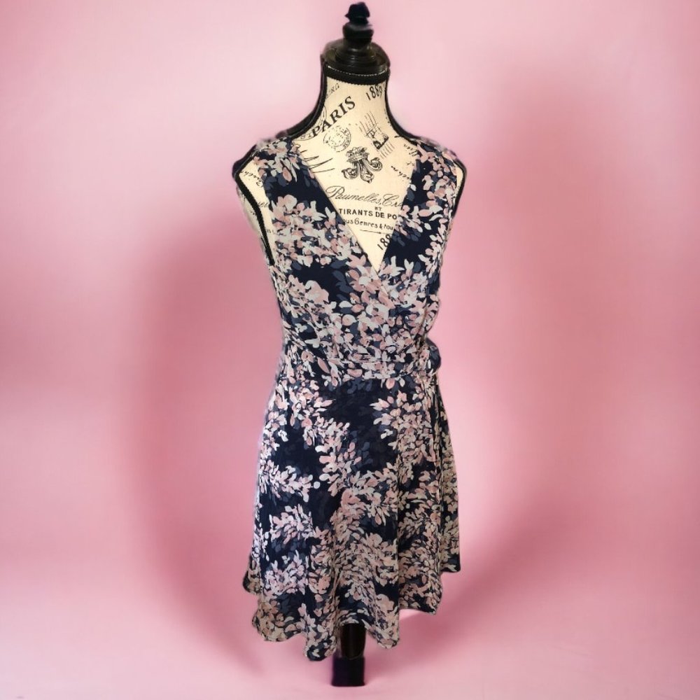 Apricot Navy Blue and Pink Floral V Neck Slight Wrap Dress Size 6
